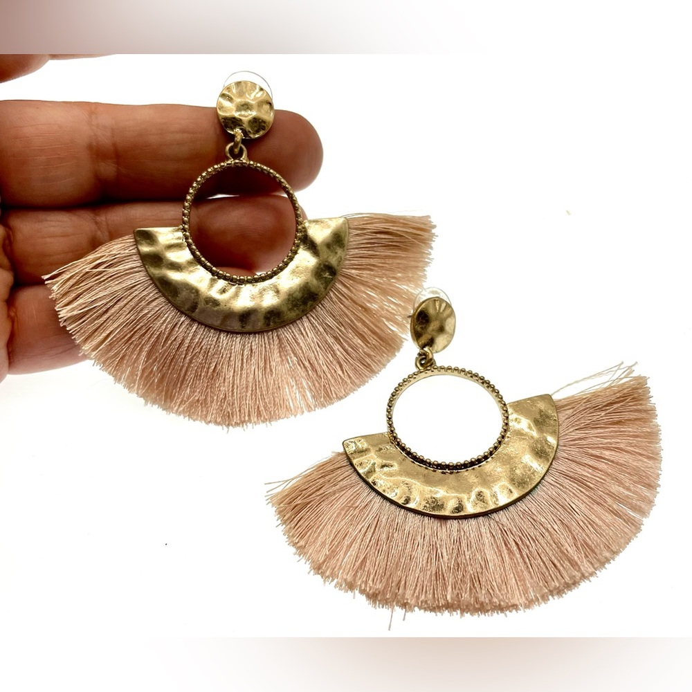 3 for$30 Champagne Beige Gold Tone Aztec Design Tassel Post Back Dangle Earrings